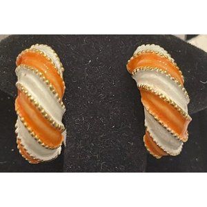 Vintage KJL Earrings Peach White Enamel Gold Hoop Clip On